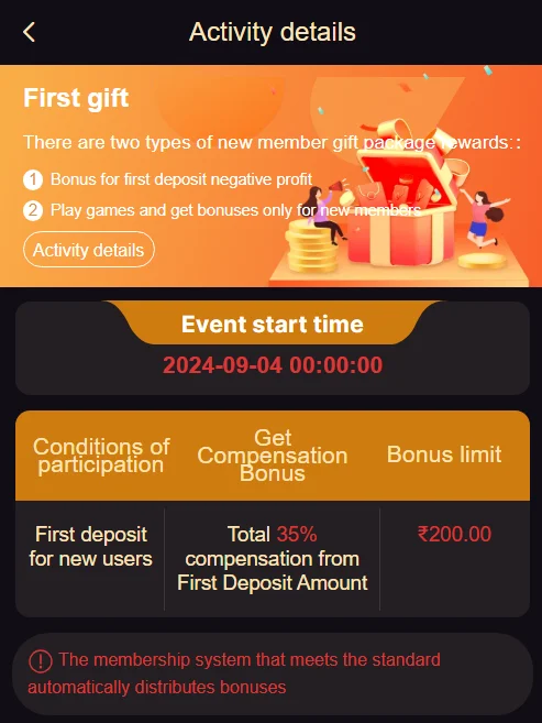 An image from the 6 Club game showing First Gift Event details